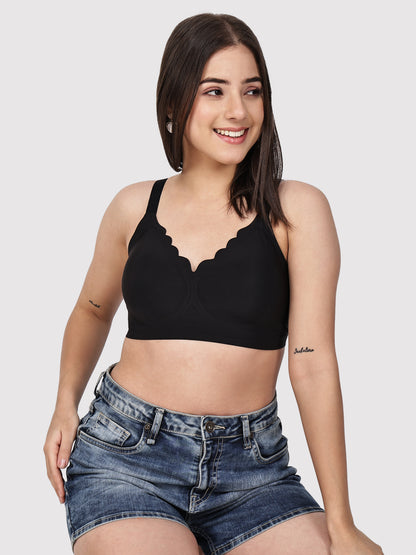 Women Seamless Padded Full Coverage Bra with Scalloped Neckline