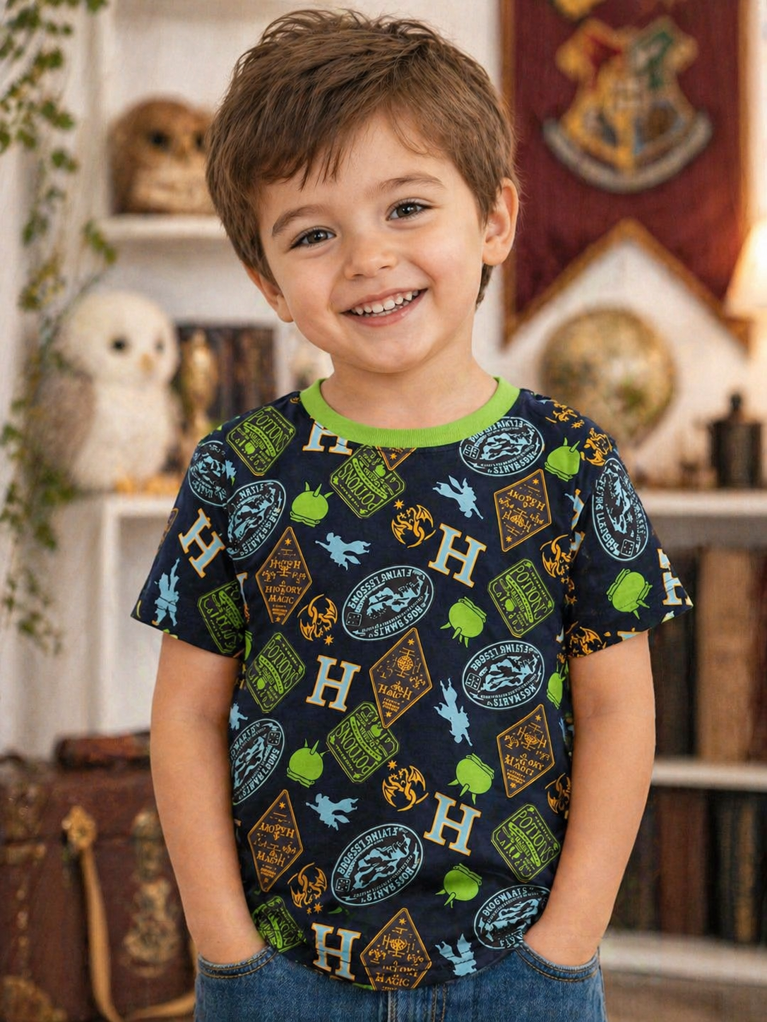 Green  Harry Potter Themed Design Kids Tee