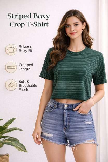 Thread Sutra Casual Striped Crop T-Shirt for Women | Sleeveless, Relaxed Boxy Fit
