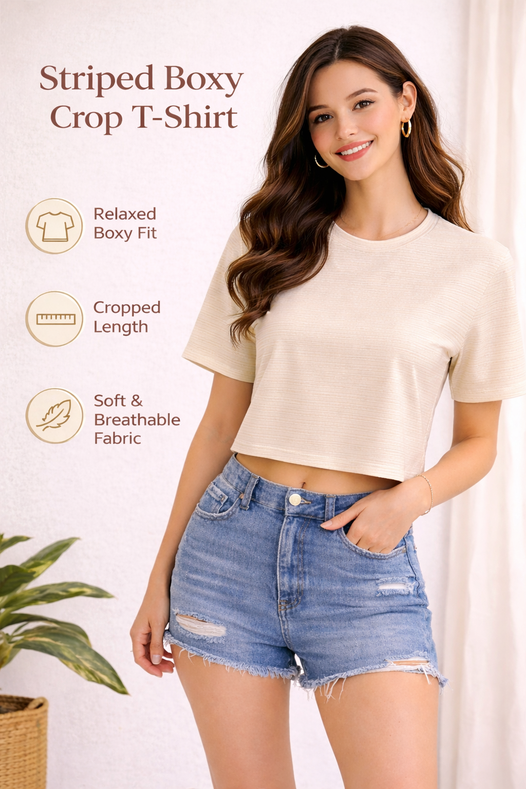 Thread Sutra Casual Striped Crop T-Shirt for Women | Sleeveless, Relaxed Boxy Fit